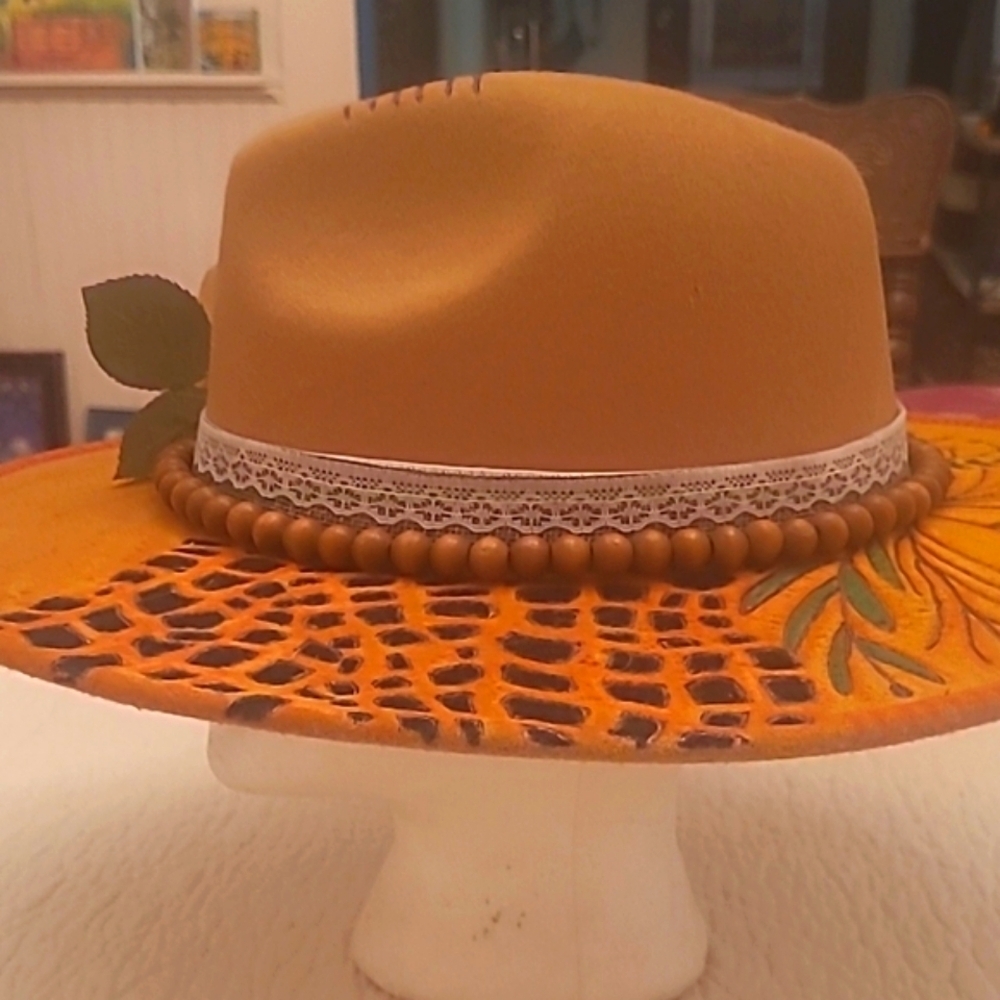 Hand Crafted Beige Orange Floral Bolero Hat Burned Outlines  Feathers Flowers - Picture 3 of 15